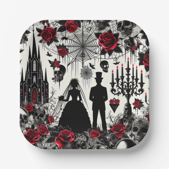 Gothic Floral Paper Square Plate, Wedding Paper Plate (Front)