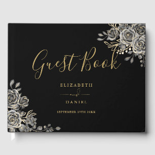 Gothic Floral Roses Black And Gold Photo Wedding Guest Book