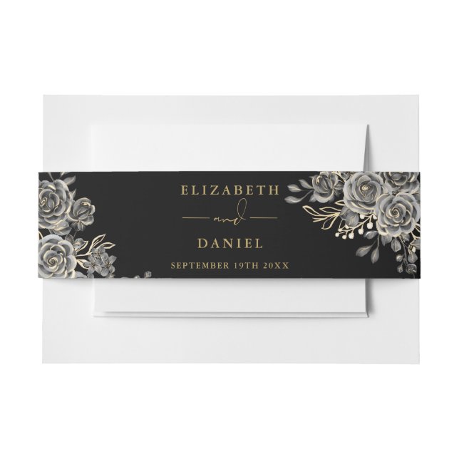 Gothic Floral Roses Black And Gold Wedding Invitation Belly Band (Front Example)