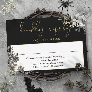 Gothic Floral Roses Black And Gold Wedding RSVP Card