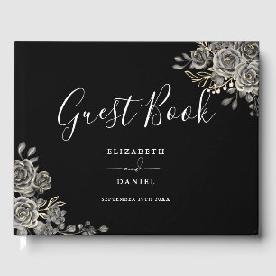 Gothic Floral Roses Black And White Photo Wedding Guest Book