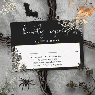 Gothic Floral Roses Black And White Wedding RSVP Card