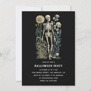 Gothic Floral Skeleton   Black Halloween Party Invitation