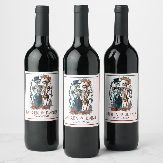 Gothic Floral Skeleton Couple Names Wedding  Wine Label (Bottles)