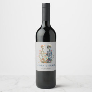 Gothic Floral Skeleton Couple Names Wedding Wine Label