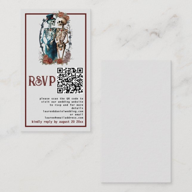 Gothic Floral Skeleton Couple QR Wedding RSVP Card (Front/Back)