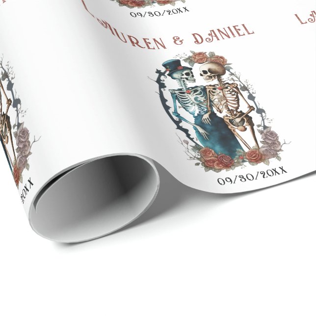 Gothic Floral Skeleton Lovers Names Wedding  Wrapping Paper (Roll Corner)