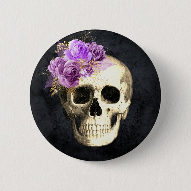 Gothic Floral Skull  2 Inch Round Button (Front)