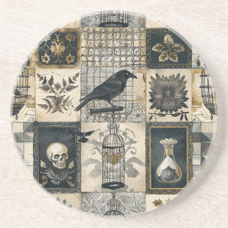 Gothic Floral Skull and Raven Pattern  Coaster