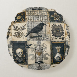 Gothic Floral Skull and Raven Pattern Round Pillow