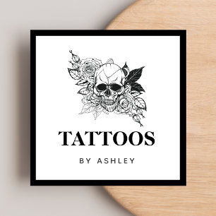 Gothic Floral Skull Black & White Tattoo Artist Square Business Card