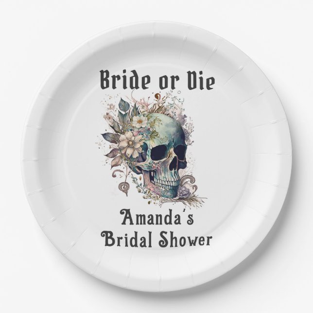 Gothic Floral Skull Bride or Die Bridal Shower Paper Plate (Front)