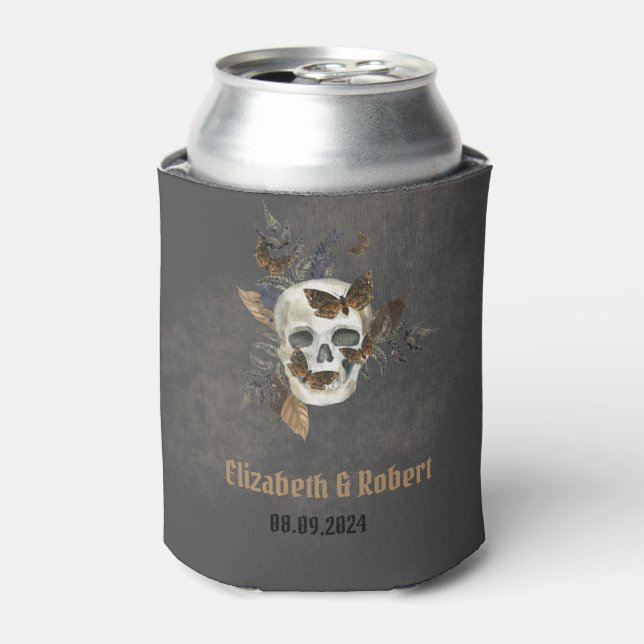 Gothic Floral Skull Butterflies Wedding  Can Cooler (Can Front)