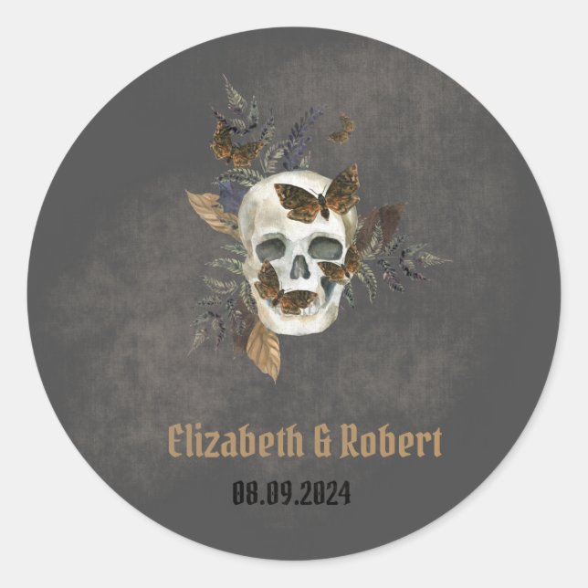 Gothic Floral Skull Butterflies Wedding  Classic Round Sticker (Front)
