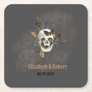 Gothic Floral Skull Butterflies Wedding  Square Paper Coaster