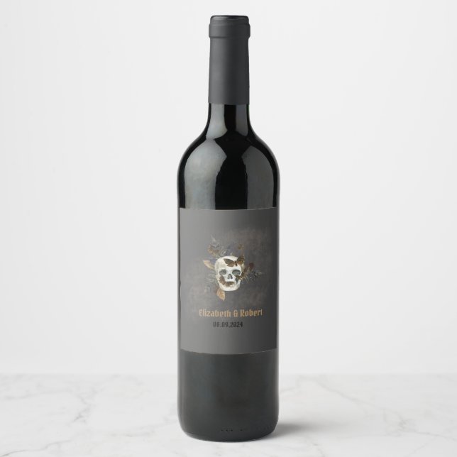 Gothic Floral Skull Butterflies Wedding  Wine Label (Front)