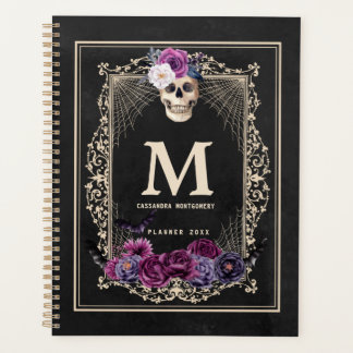 Gothic Floral Skull Custom Monogram & Name Black Planner