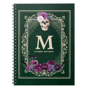Gothic Floral Skull Custom Monogram & Name Green Notebook