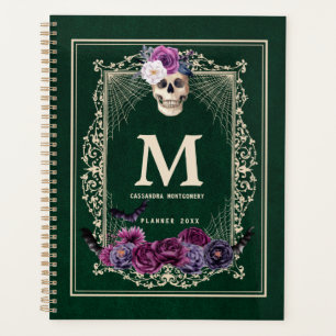 Gothic Floral Skull Custom Monogram & Name Green Planner