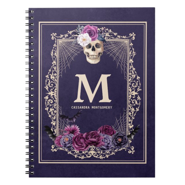Gothic Floral Skull Custom Monogram & Name Navy Notebook (Front)