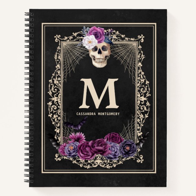 Gothic Floral Skull Custom Monogram & Name Sketch Notebook (Front)