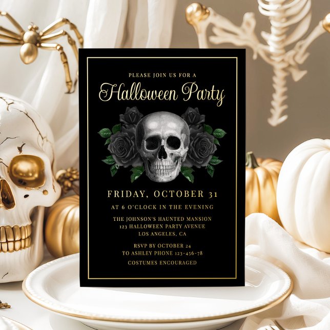 Gothic Floral Skull Halloween Gold (Gothic Floral Skull Halloween Gold Foil Invitation)