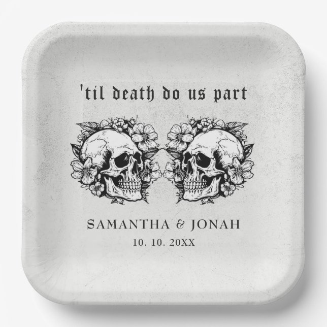 Gothic Floral Skull Halloween Wedding Paper Plate (Front)