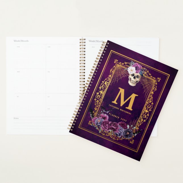 Gothic Floral Skull Purple Custom Monogram Name Planner (Display)
