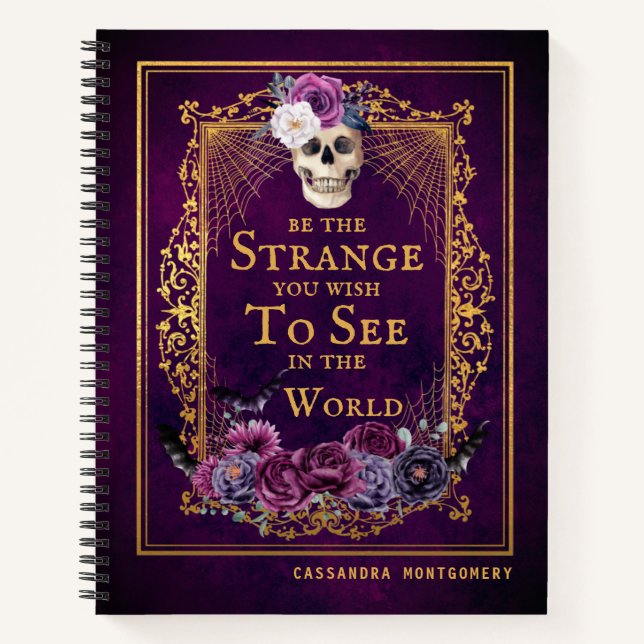 Gothic Floral Skull Quote Purple Personalized Name Notebook (Front)