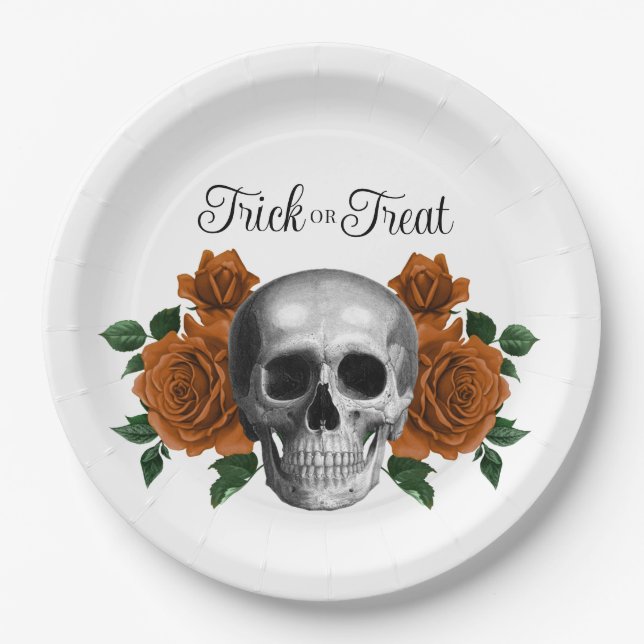 Gothic Floral Skull Trick Or Treat Halloween Paper Plate (Front)