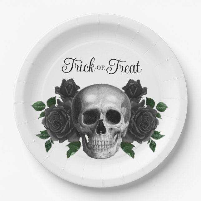 Gothic Floral Skull Trick Or Treat Halloween Paper Plate (Front)