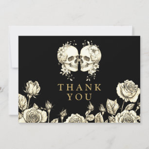 Gothic Floral Skulls Wedding Black And Gold Thank You Card