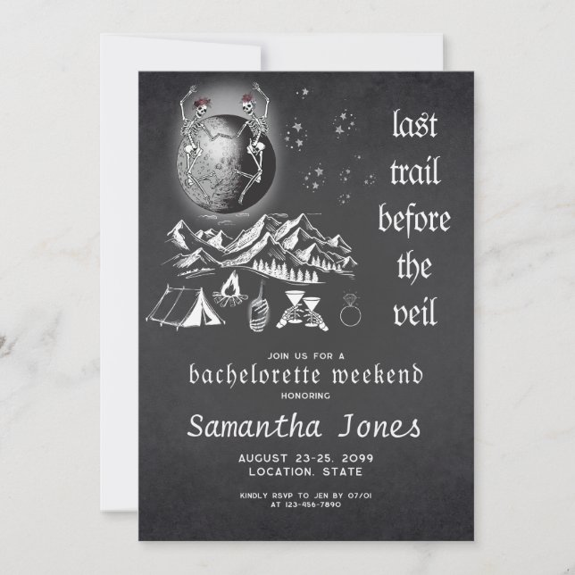 Gothic Full Moon Skeletons Last Trail Bachelorette Invitation (Front)