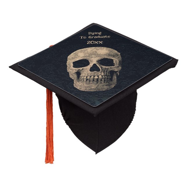 Gothic Funny Skull Head Beige Black Blue Floral Graduation Cap Topper (Angled)