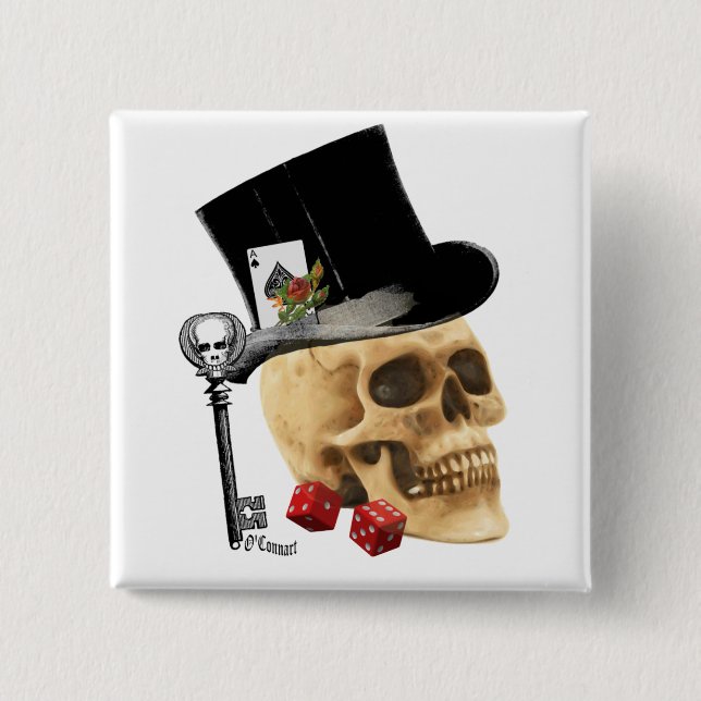 Gothic gambler skull tattoo design 2 inch square button (Front)