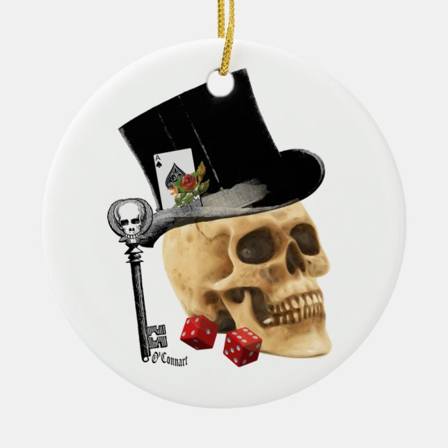Gothic gambler skull tattoo design ceramic ornament (Front)