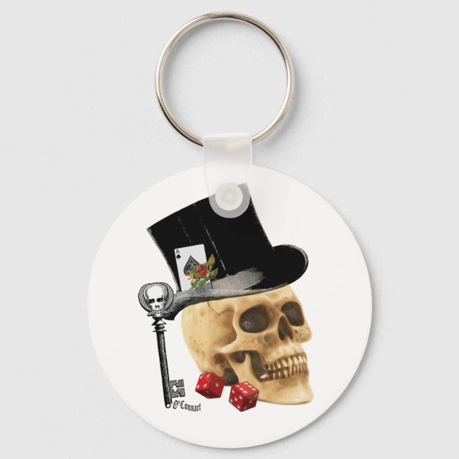 Gothic gambler skull tattoo design keychain (Front)