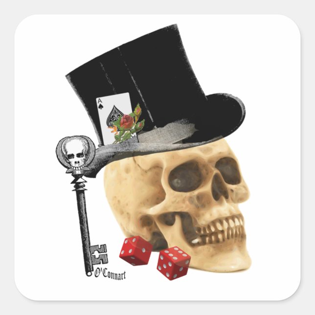 Gothic gambler skull tattoo design square sticker (Front)
