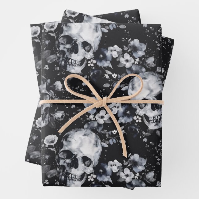 Gothic Garden Skulls and Floral Goth Summer Wrapping Paper Sheet (In situ)