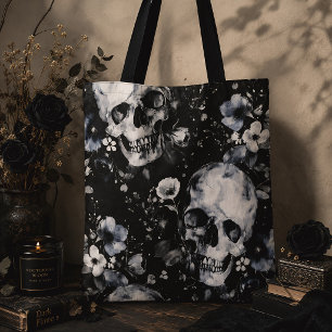 Gothic Garden Skulls & Flowers Black Floral Tote Bag