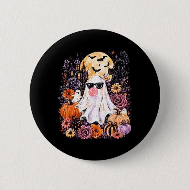 Gothic Ghost Blowing Bubble Halloween Pumpkin 2 Inch Round Button (Front)