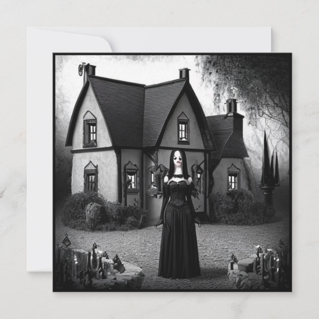 Gothic Girl and Haunted House Halloween Invitation (Front)