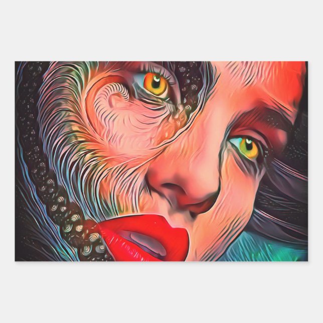 Gothic Girl Face Yellow Eyes Red Lips Wrapping Paper Sheet (Front 3)