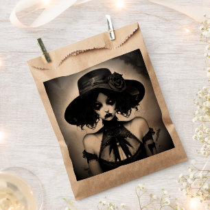 Gothic Girl in Black Dress and Hat Halloween Favour Bag