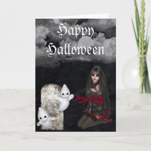 Gothic Girl Tombstone & Ghosts Halloween Card