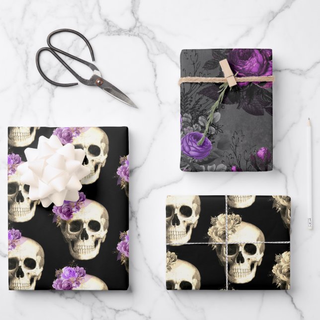 Gothic Glam Floral Skull Wrapping Paper Sheet (Front)