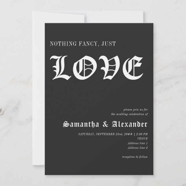 Gothic Glam Nothing Fancy Just Love Black Wedding Invitation (Front)