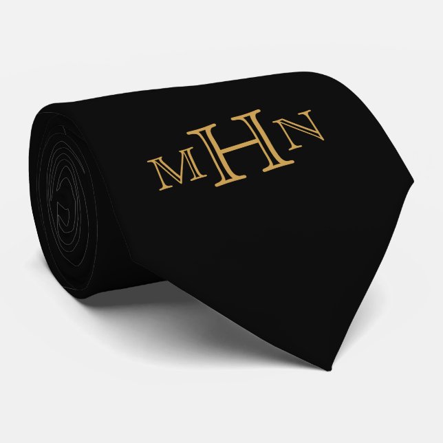 Gothic Glam | Tie | Black w Gold Monogram (Rolled)