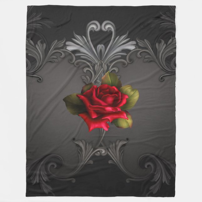 Gothic Glamour Red Rose Black Ornamental Glam Fleece Blanket (Front)