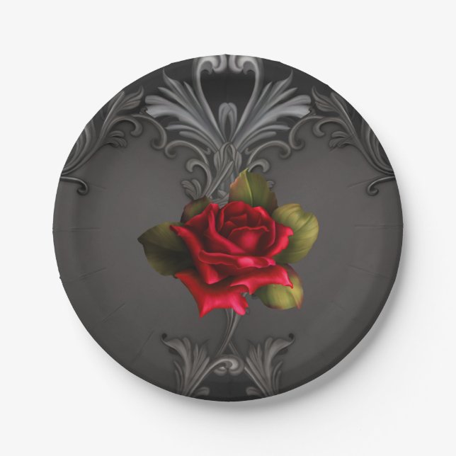 Gothic Glamour Red Rose Black Ornamental Glam Paper Plate (Front)